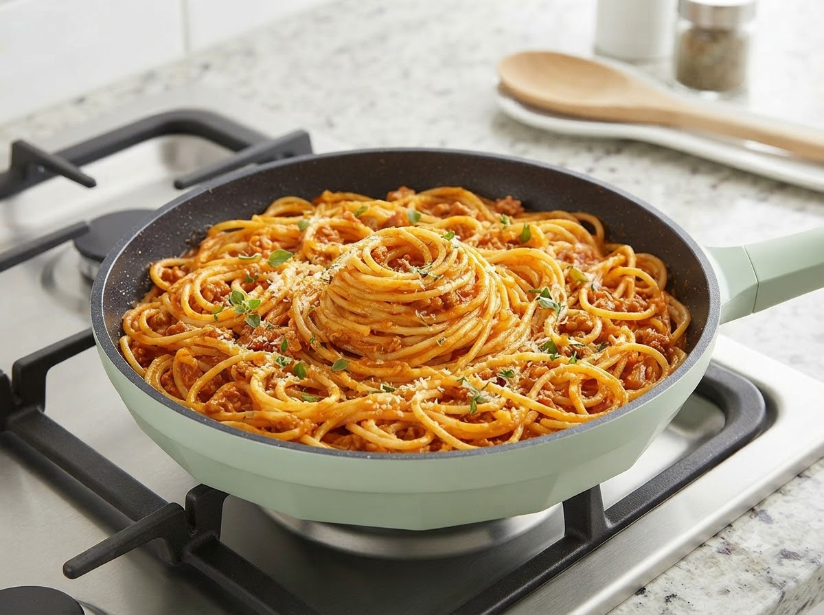 Patelnia wypełniona pokrytym sosem spaghetti uformowanym w zgrabny spiralny kopczyk na środku, przyozdobiony ziołami.
