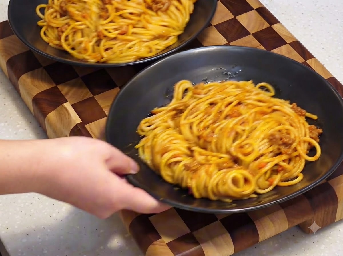 Ręce stawiające czarne talerze serwisowe wypełnione spaghetti na drewnianej desce do krojenia w kratkę.