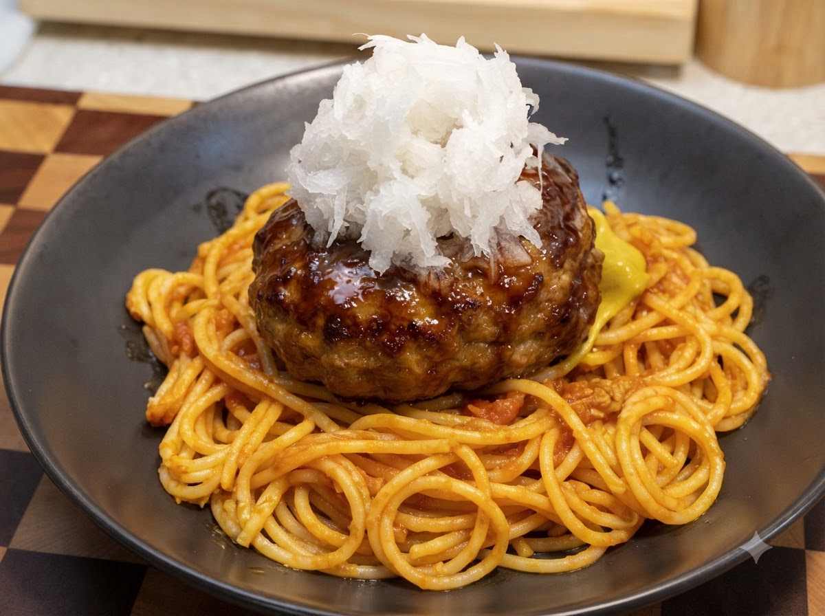 Zbliżenie kopczyka tartej białej rzodkwi ułożonego na polakierowanym kotlecie mielonym nad spaghetti.