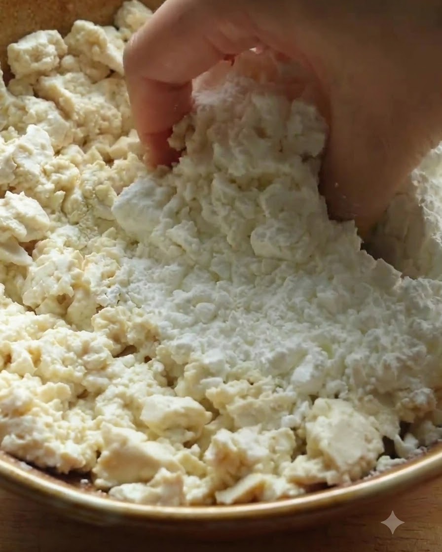 Tofu rozkruszane i mieszane z mąką oraz skrobią kukurydzianą w drewnianej misce.