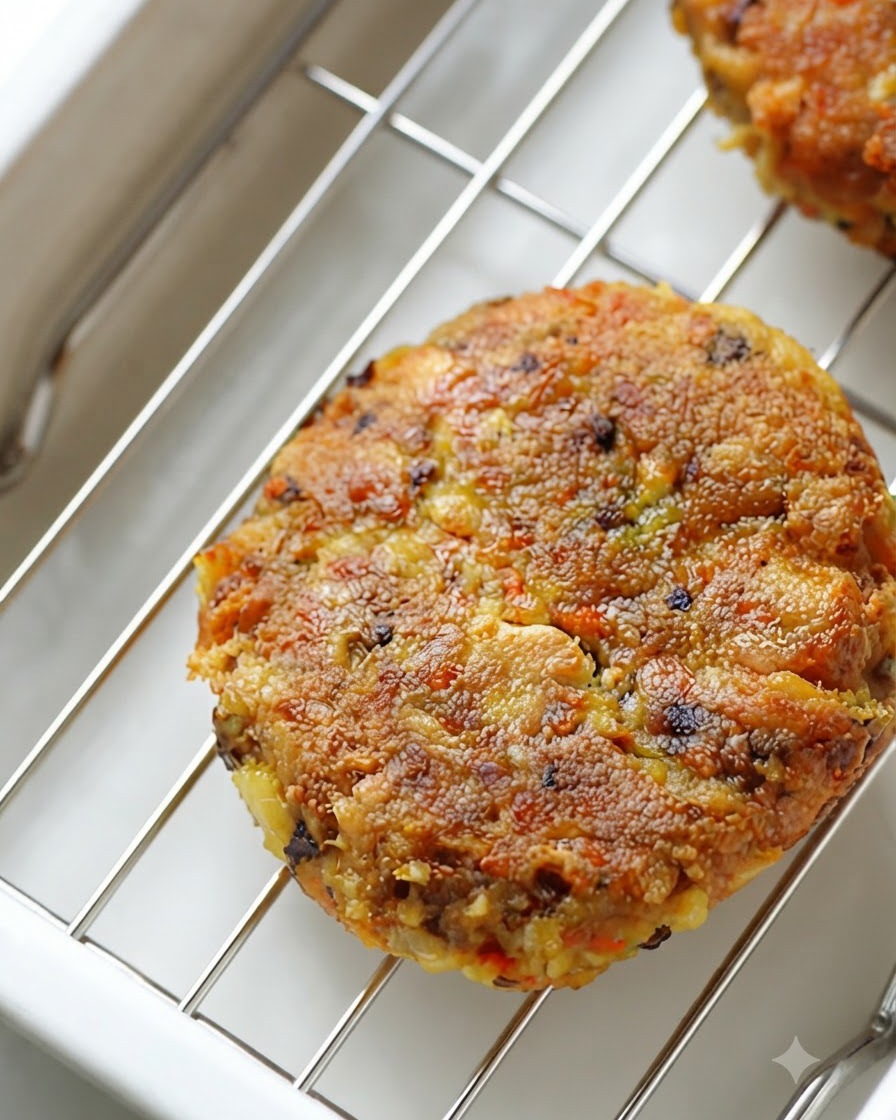 Świeżo usmażony, złocistobrązowy wegański kotlet do burgera na drucianej kratce do studzenia.