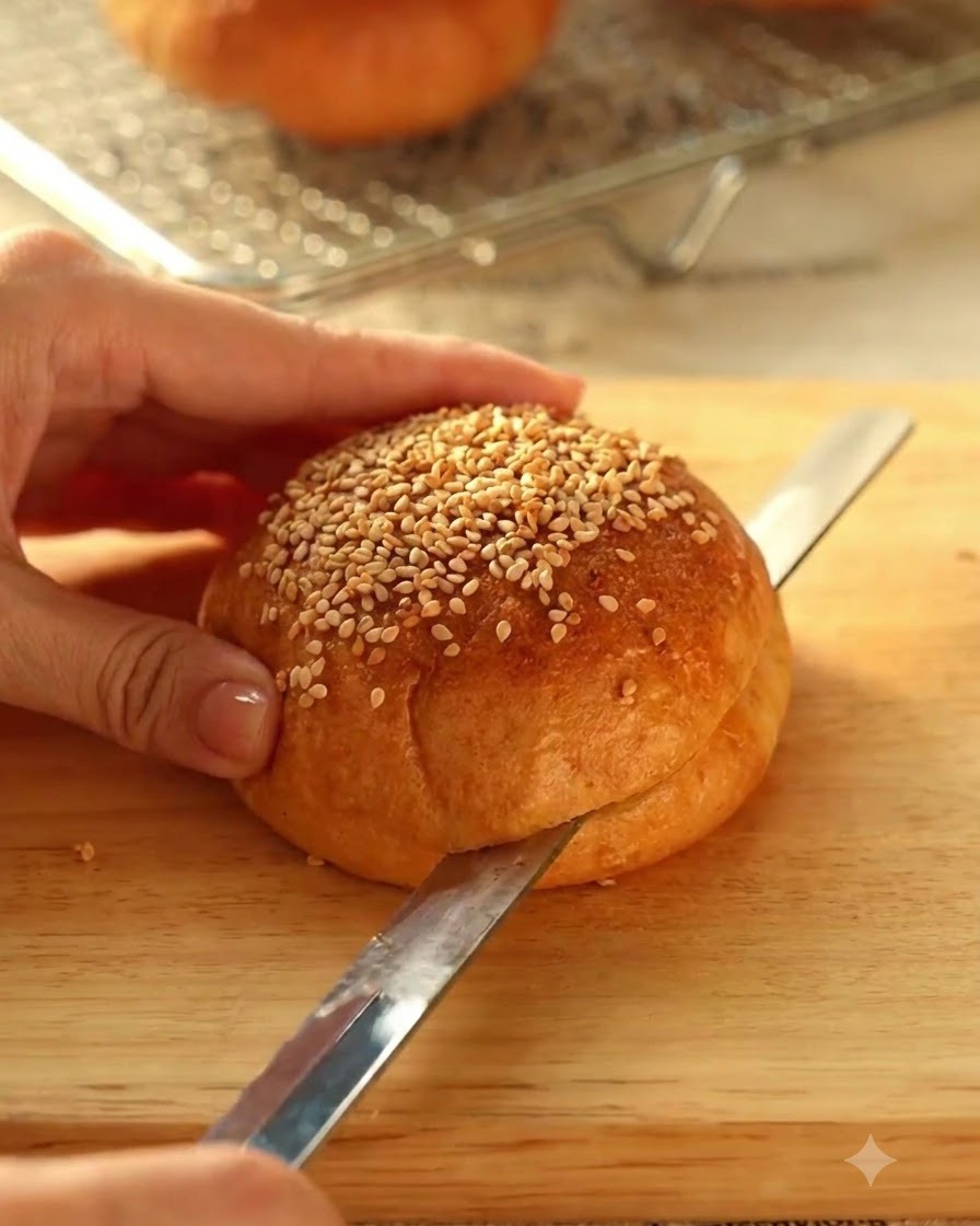 Upieczona bułka sezamowa do burgera krojona poziomo na pół nożem na drewnianej desce.