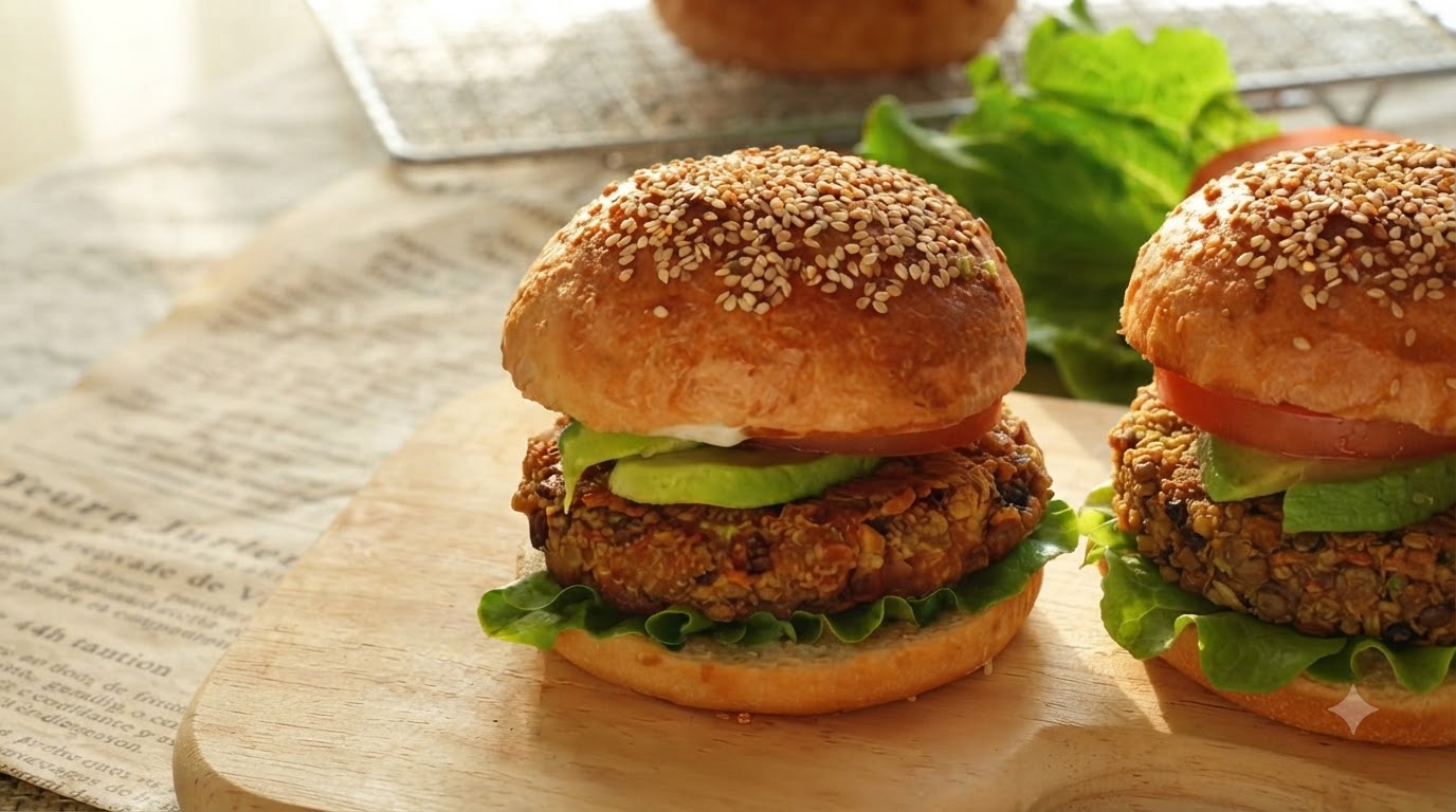 Dwa świeżo złożone wegańskie burgery na rustykalnej desce drewnianej, z domowymi bułkami sezamowymi, grubymi kotletami warzywnymi, sałatą, pomidorem i plasterkami awokado.