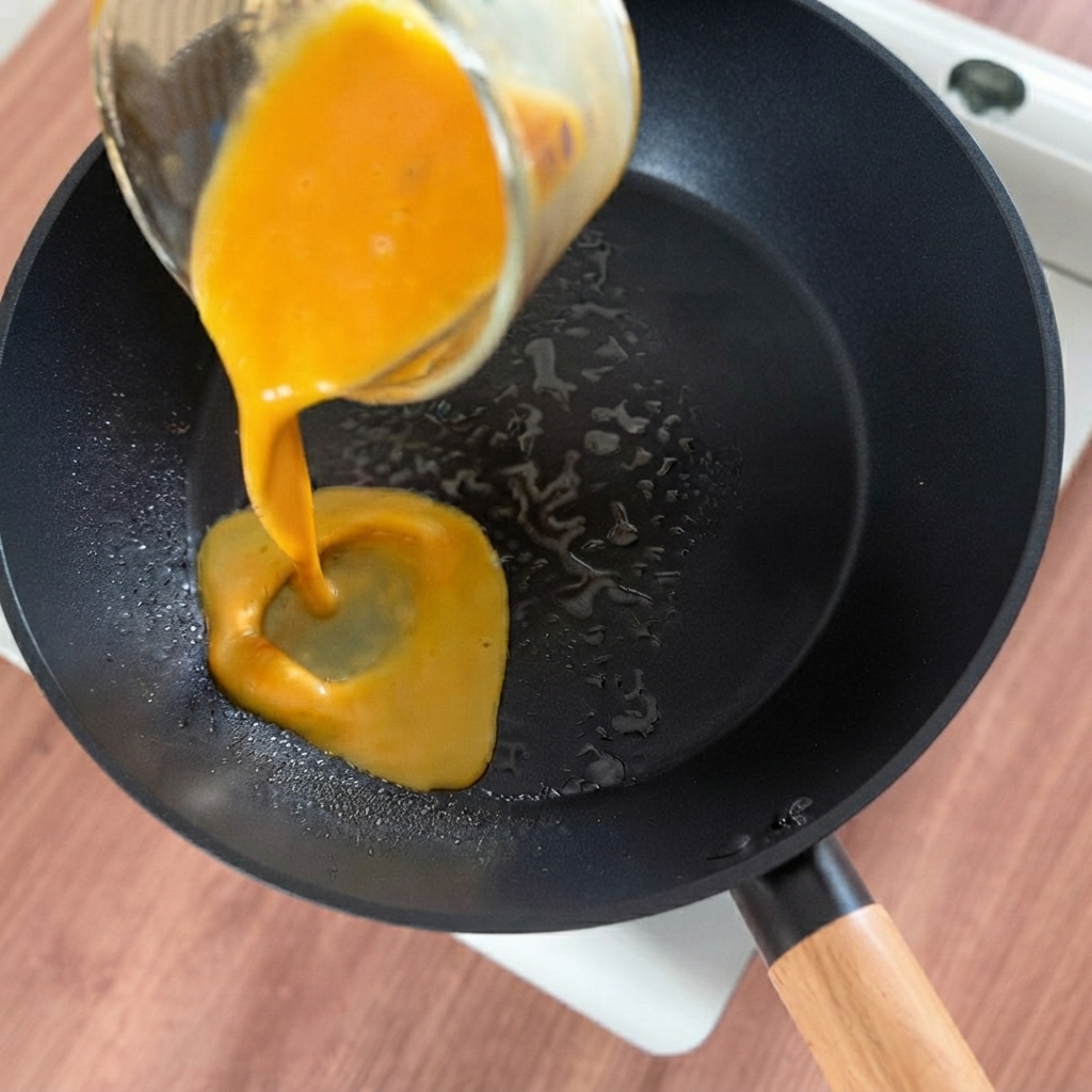 Roztrzepane jajka wlewane na rozgrzaną patelnię w celu utworzenia cienkiej warstwy omletu.