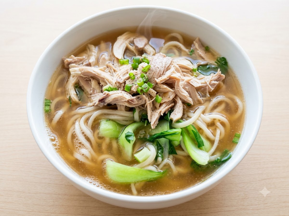 Gotowa miska zupy noodle z posiekanym kurczakiem ozdobiona posiekaną zieloną cebulką i kolendrą.
