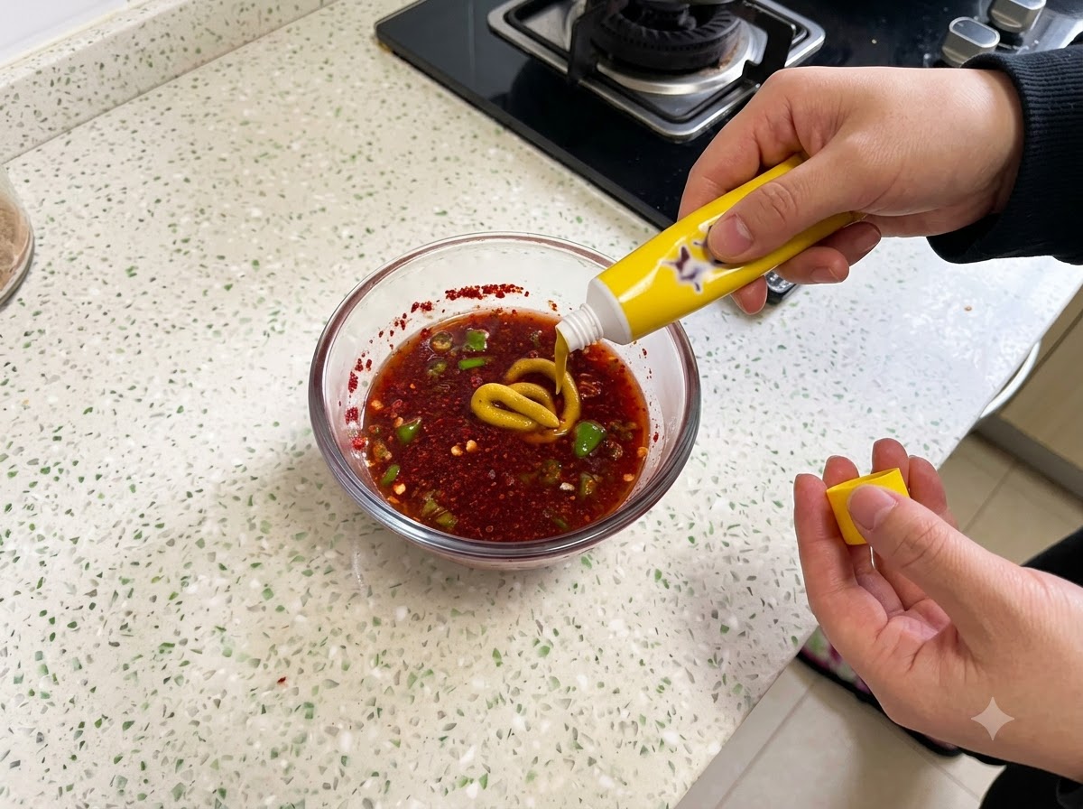 Żółta musztarda wyciskana do szklanej miski zawierającej wymieszane składniki sosu i chili w proszku.