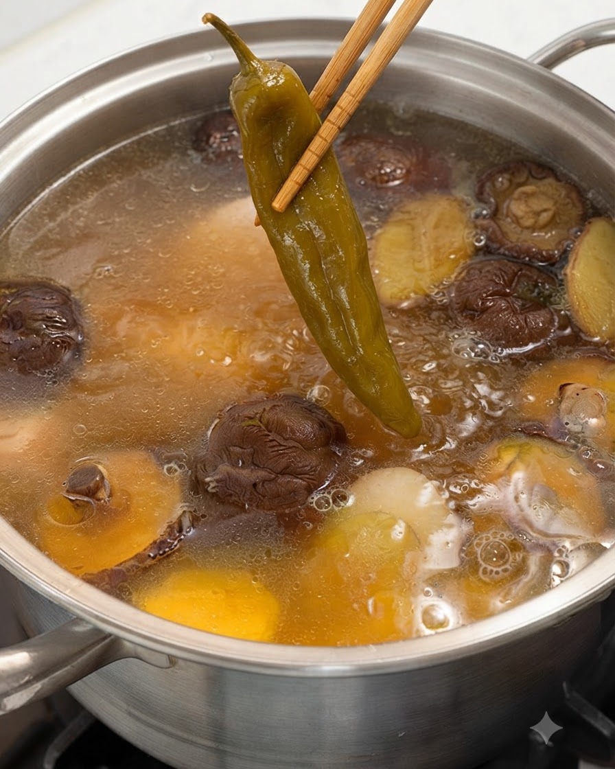 Pałeczki trzymające całą marynowaną zieloną papryczkę chilli nad garnkiem z parującą zupą z kurczakiem i grzybami.