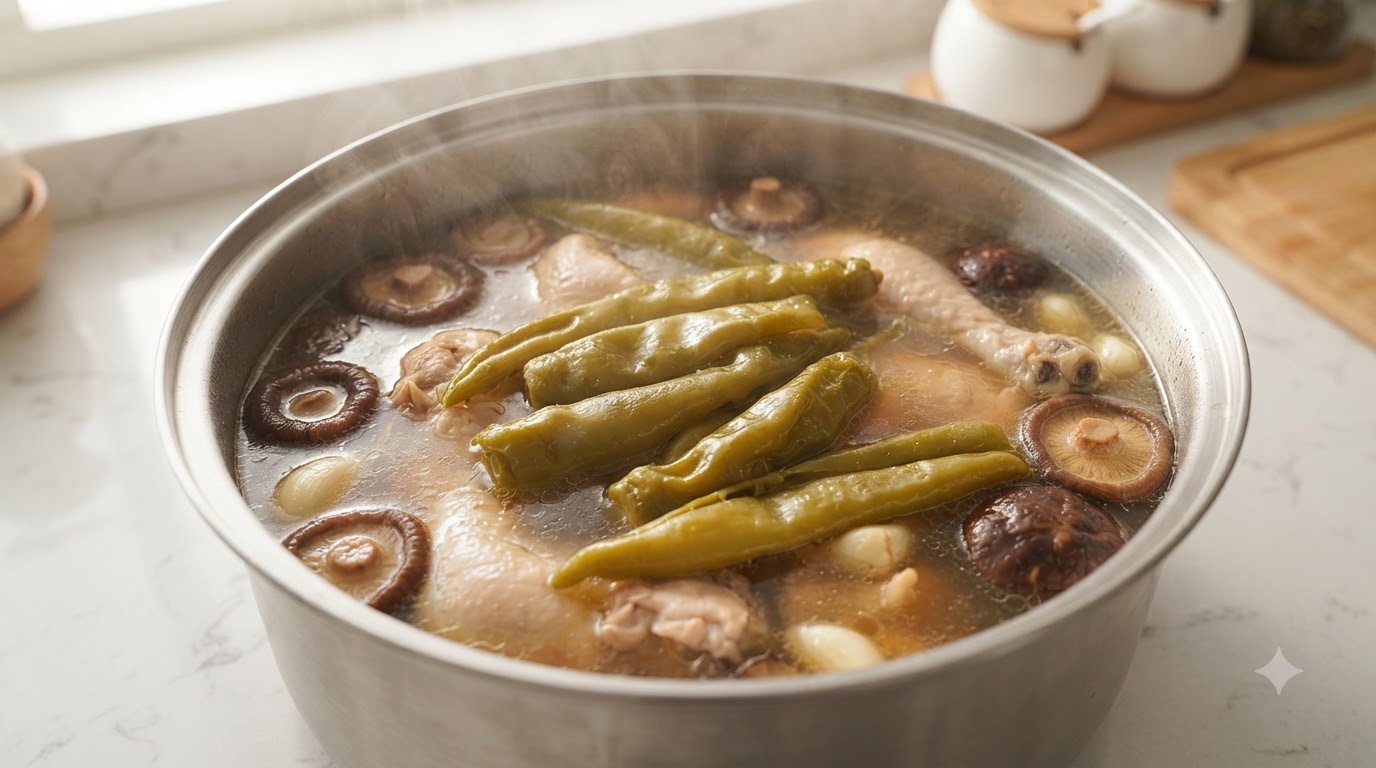 Parujący garnek tajwańskiej zupy z kurczakiem i marynowaną papryczką, wypełniony całymi zielonymi papryczkami, delikatnym kurczakiem i grzybami shiitake.