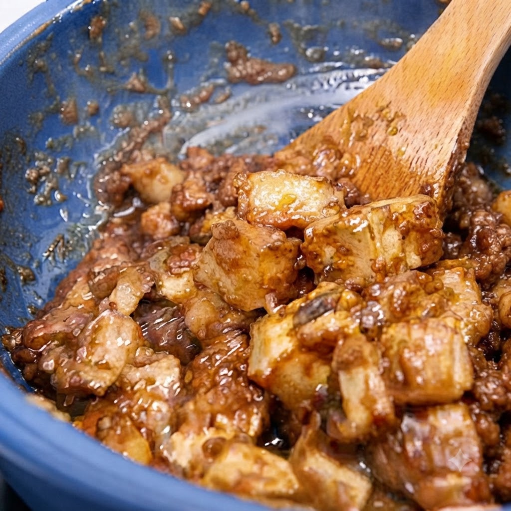 Zblendowana pasta belacan z olejem gotująca się w niebieskim garnku.