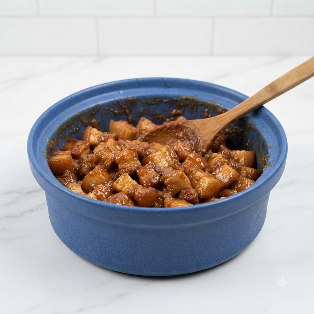 Pasta sojowa łączona z pastą belacan w niebieskim garnku.