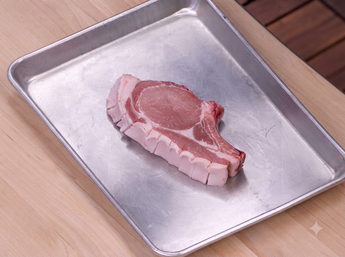 Surowy kotlet schabowy ułożony na metalowej tacy, posypany solą i czarnym pieprzem.