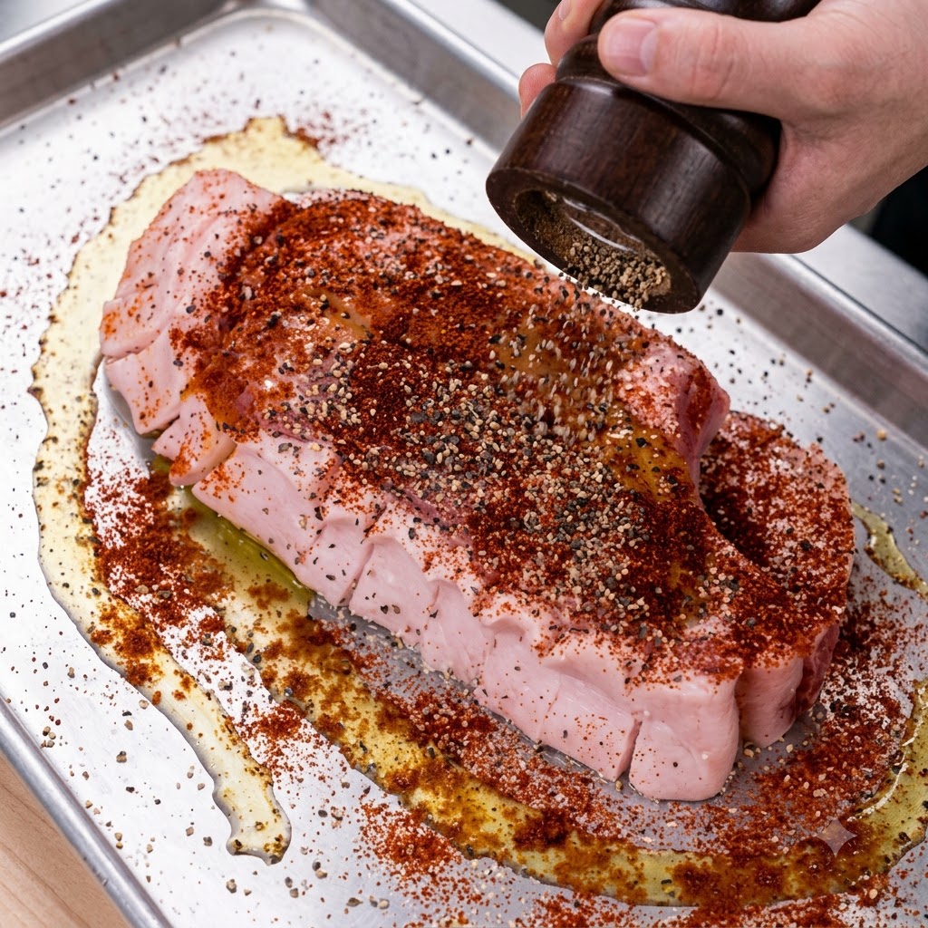 Oliwa z oliwek, wędzona papryka i chili w proszku polewane i posypywane bezpośrednio na surowy kotlet schabowy.