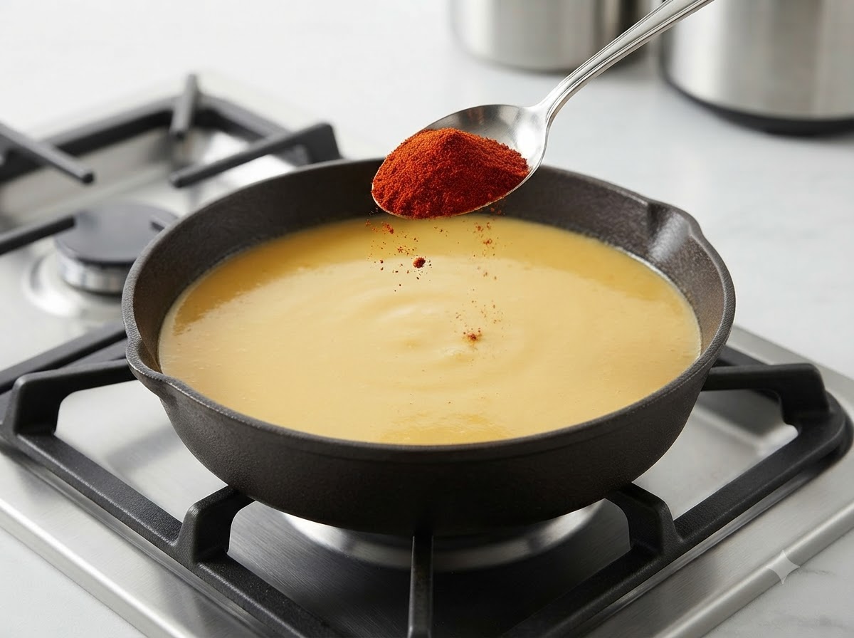 Słodka papryka w proszku dodawana łyżką do gotującego się sosu curry.