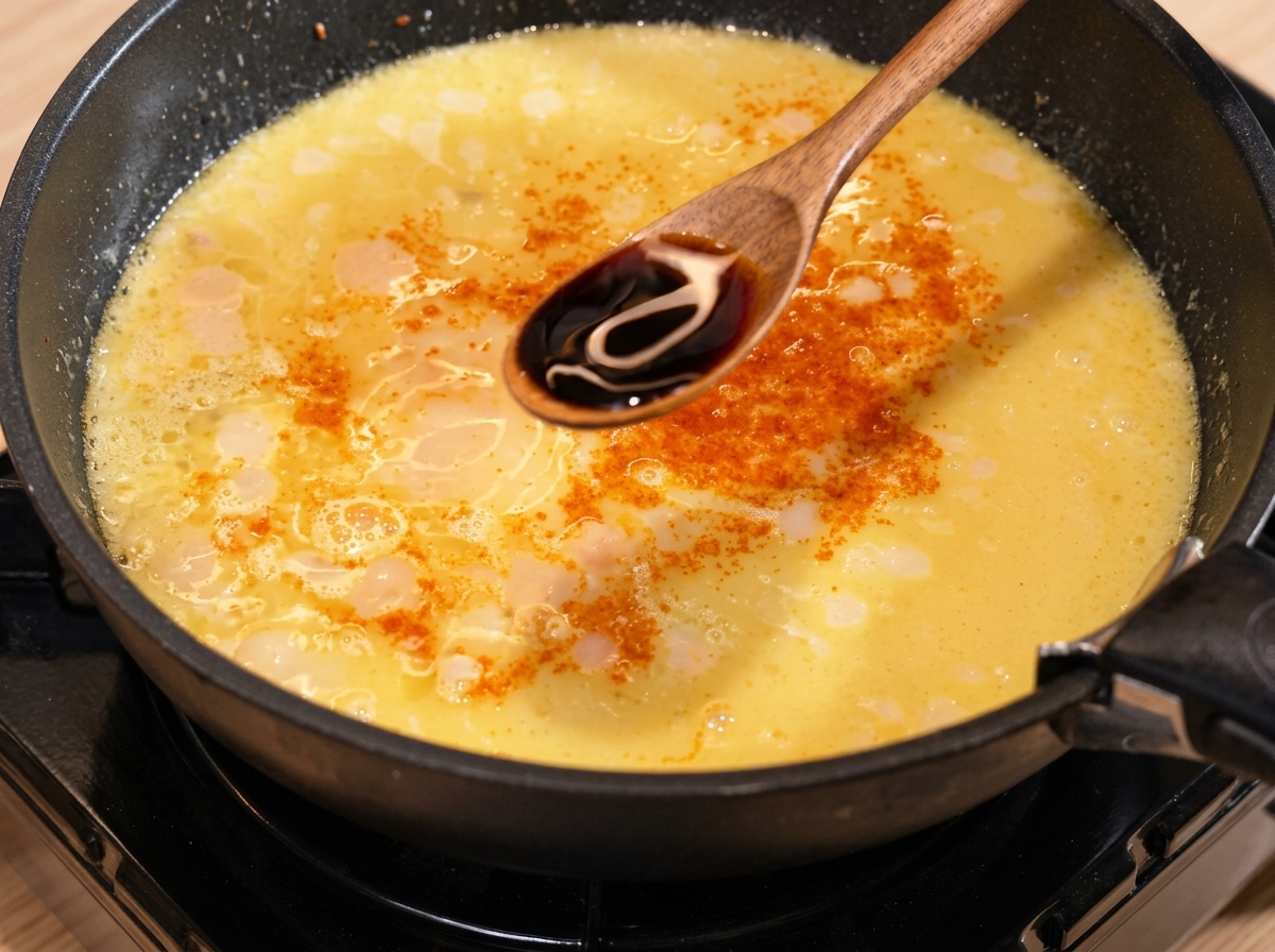 Jasny sos sojowy wlewany z drewnianej łyżki do bulgoczącego sosu curry na czarnej patelni.