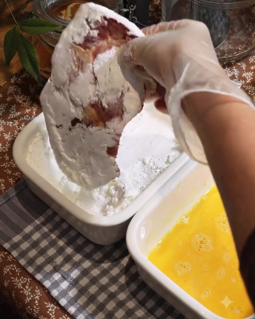 Zamarynowany kotlet wieprzowy obtaczany w skrobi w białej tacce.