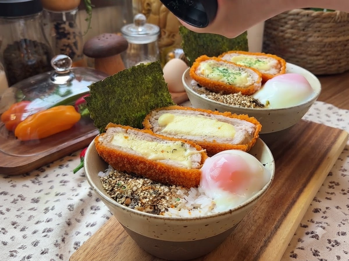 Gotowe danie z chrupiących kotletów wieprzowych z serem podawanych na ryżu z jajkiem onsen i arkuszem nori w ceramicznej misce.