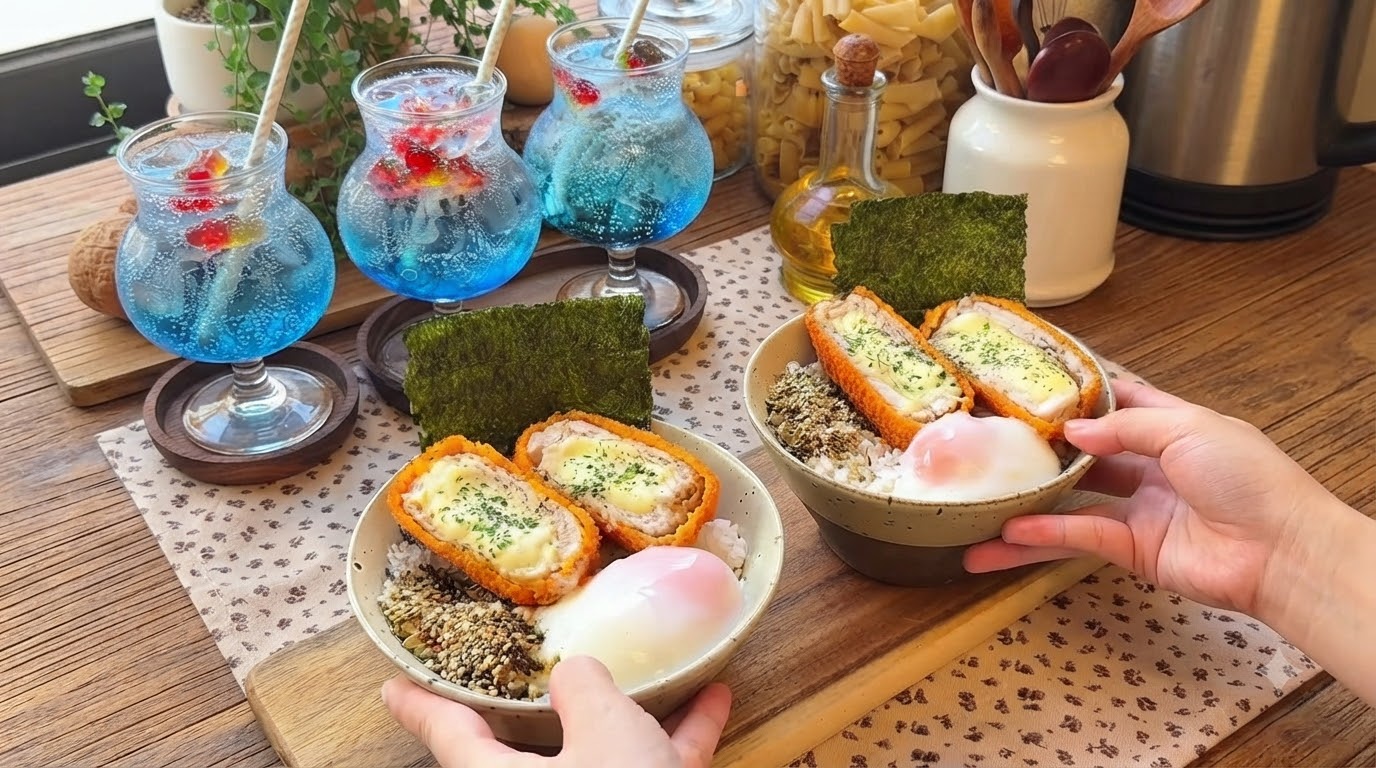 Kotlet schabowy z nadzieniem serowym, ryżem, jajkiem onsen i błękitnym napojem z bąbelkami
