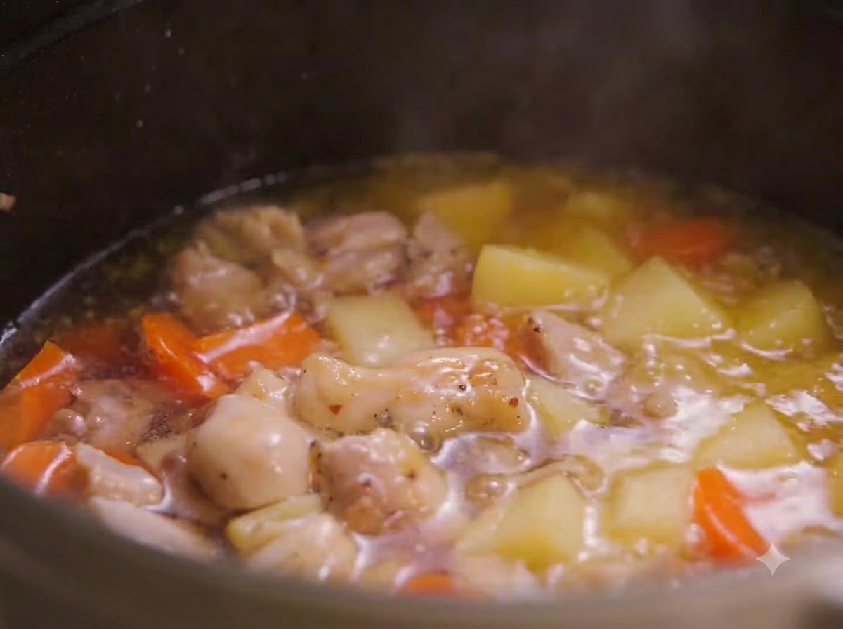 Bulion bulgoczący w garnku z kurczakiem, ziemniakami i marchewką w trakcie rozpuszczania curry.