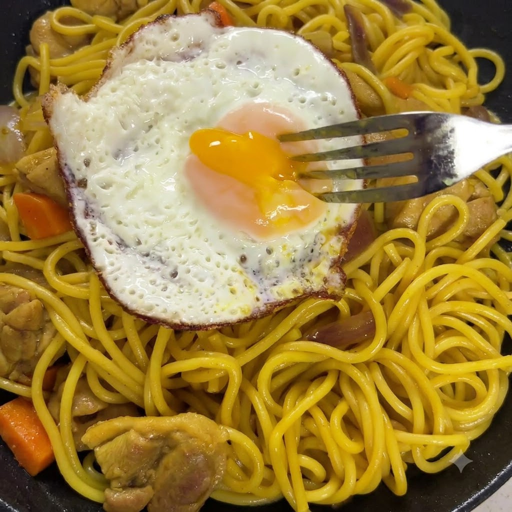 Kluski unoszone i mieszane z gęstym sosem curry na patelni.
