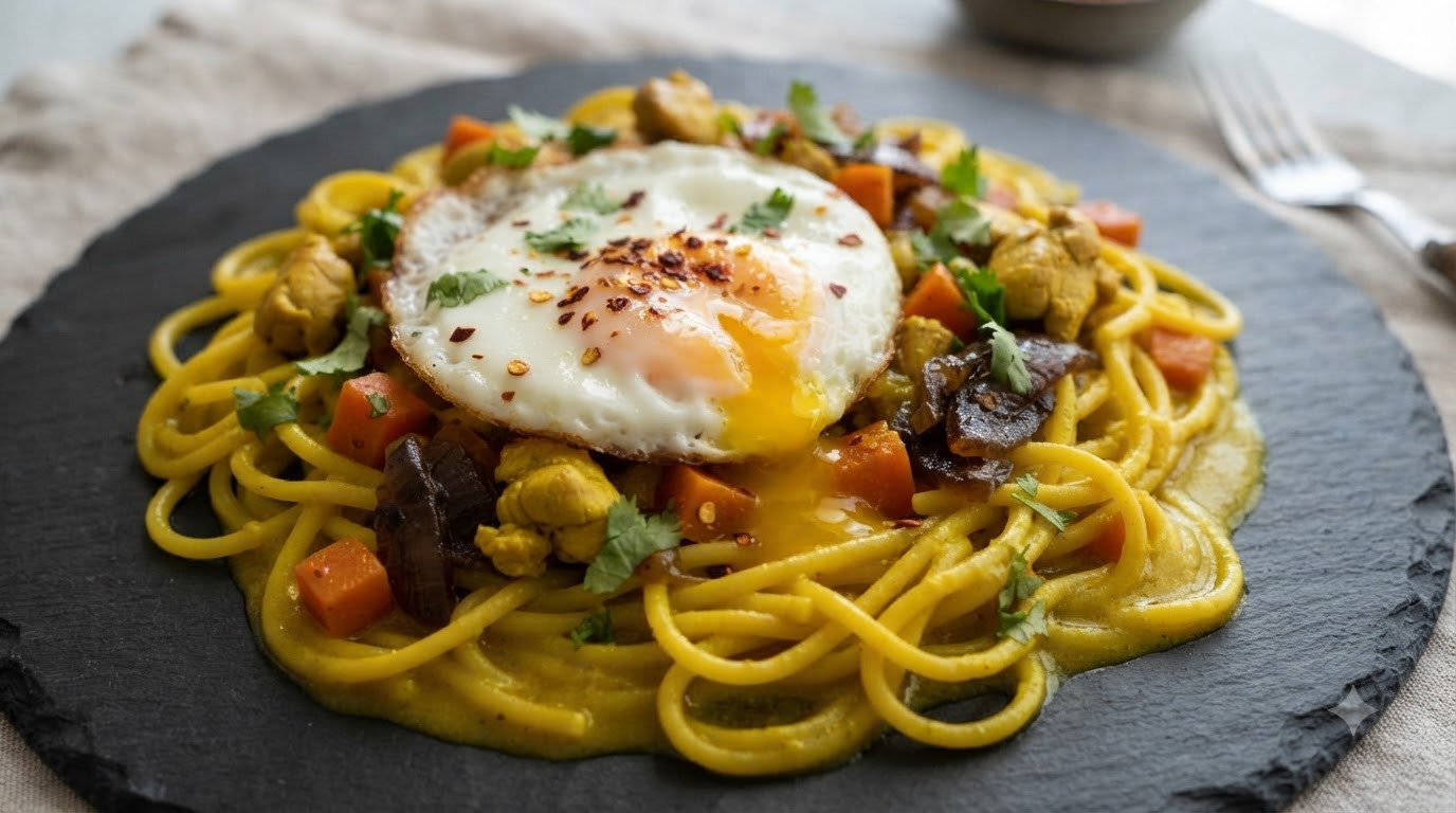 Jednopancowa makaronowa patelnia curry z kurczakiem i płynnym jajkiem