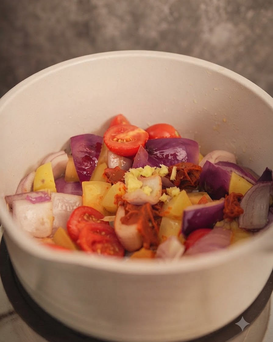Posiekany imbir mieszany z kompozycją curry i warzyw.