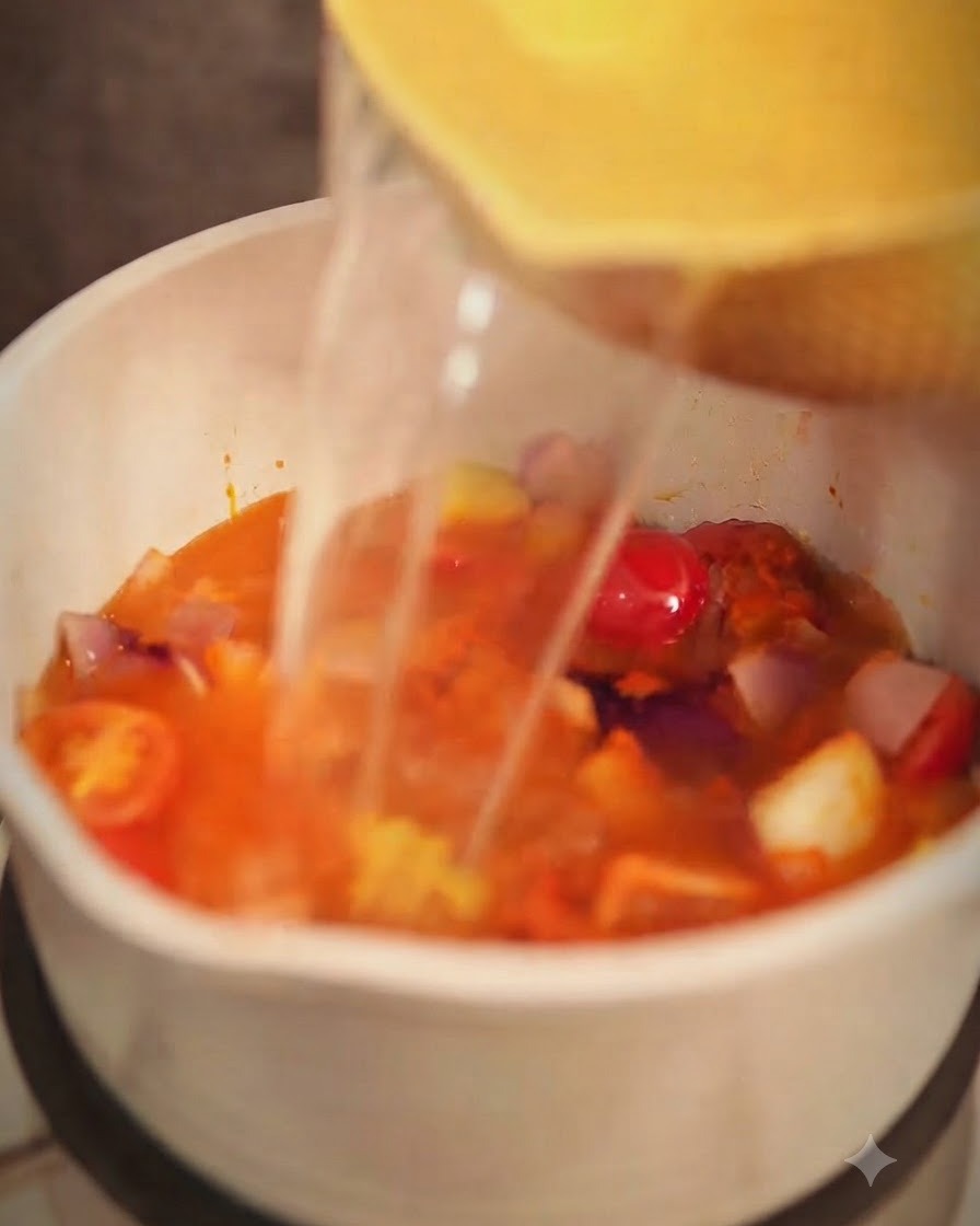 Bulion drobiowy wlewany do garnka z mieszaniną curry i warzyw.