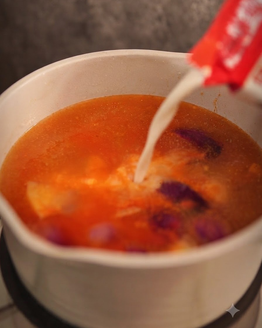 Gęste mleczko kokosowe wlewane z kartonika do garnka z gotującym się bulionem czerwonego curry.