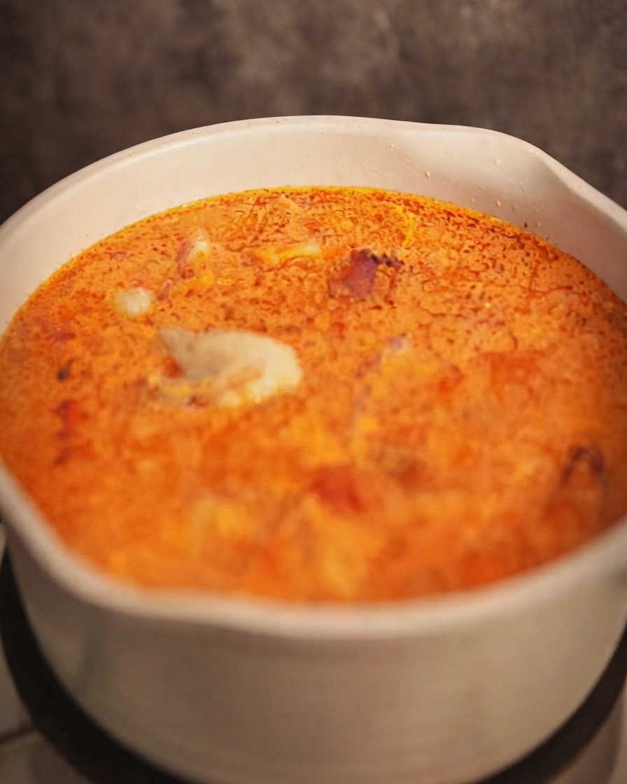 Zblansowane kawałki kurczaka wrzucane z powrotem do garnka z bulgoczącą zupą czerwone curry.
