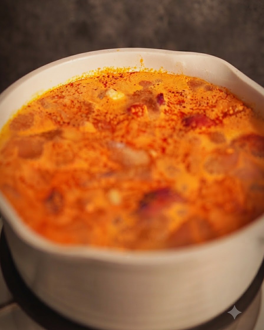 Poszatkowana zielona cebulka mieszana w garnku aromatycznej zupy czerwone curry.