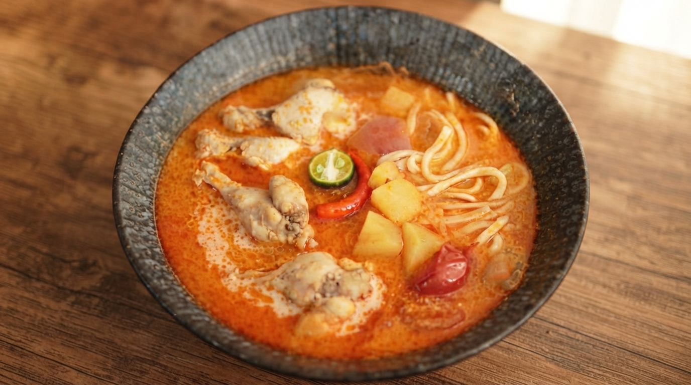 Miska zupy makaronowej z kurczakiem i ziemniakami w tajskim czerwonym curry, ozdobiona cząstką limonki, świeżymi pomidorami i kawałkami kurczaka.