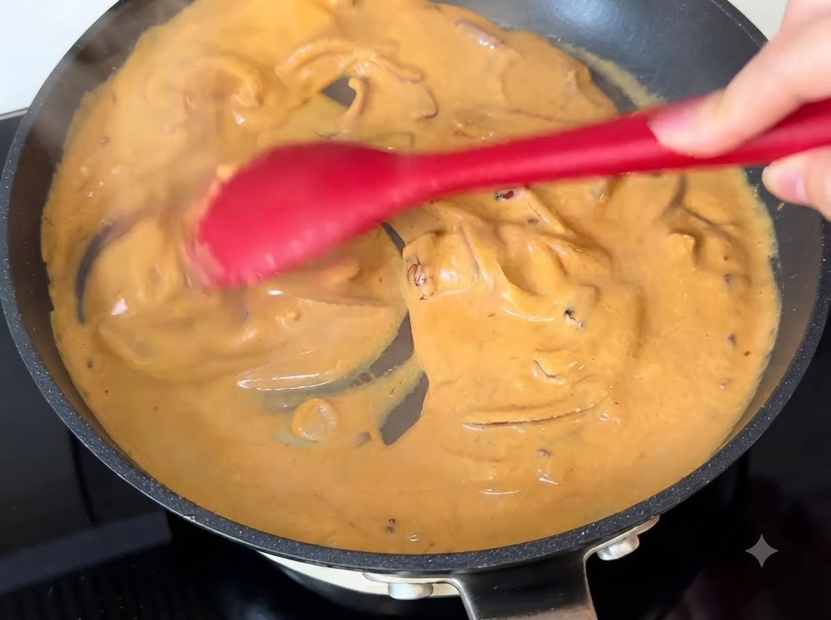 Czerwona łopatka mieszająca kremowy pomarańczowy sos curry na patelni.