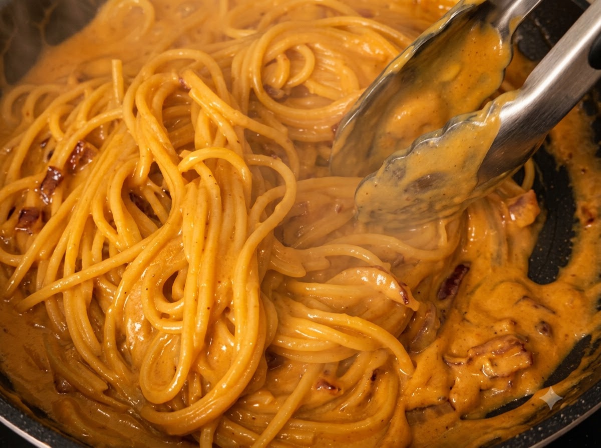 Makaron spaghetti mieszany szczypcami w gęstym kremowym sosie curry.