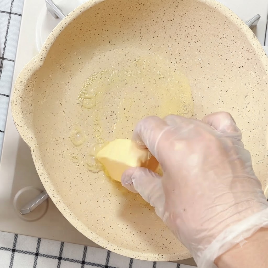 Kostka żółtego masła topiąca się na płyn w ceramicznej patelni nieprzywierającej.