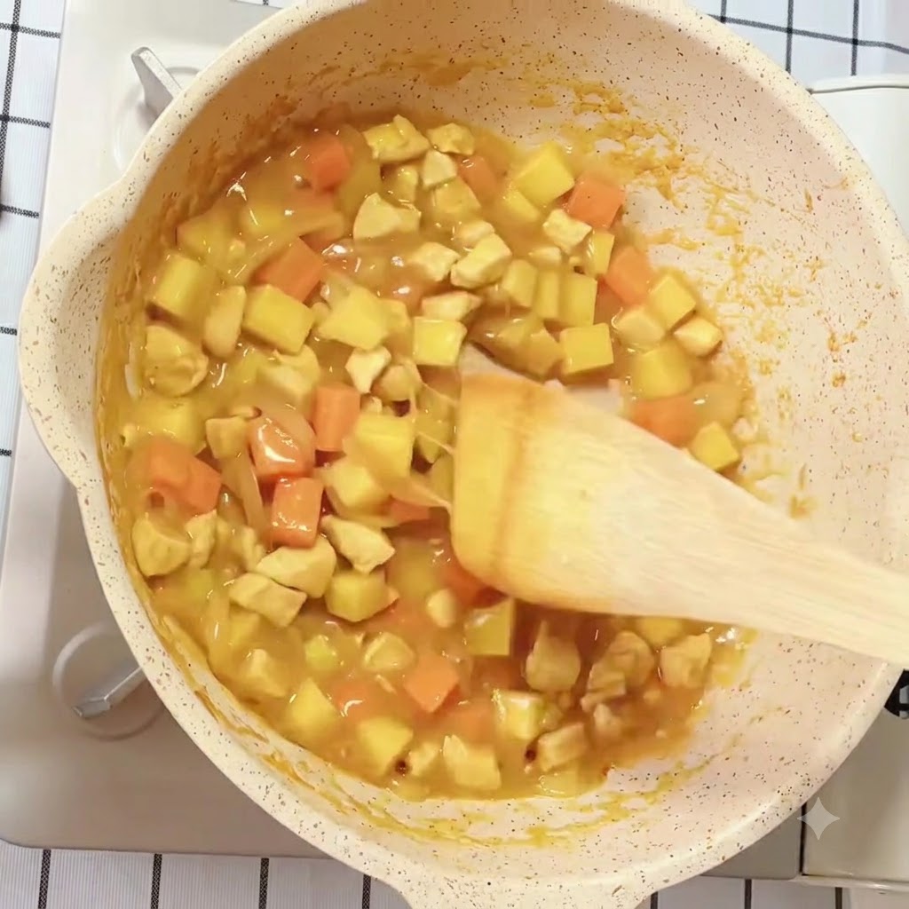 Sos curry z ziemniakami, marchewką i kurczakiem duszący się i redukujący na patelni.