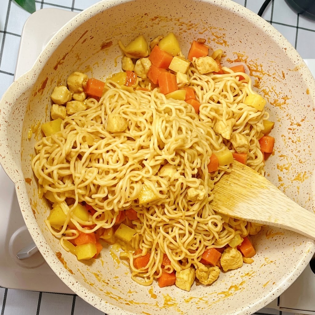 Makaron błyskawiczny i składniki curry mieszane i równomiernie podsmażane wewnątrz patelni.