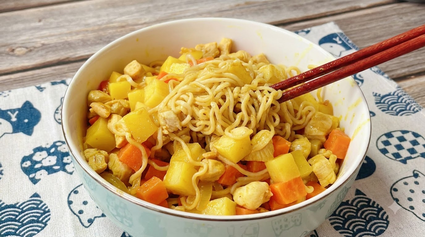 Szybki makaron z kurczakiem w stylu curry, z ziemniakami i marchewką