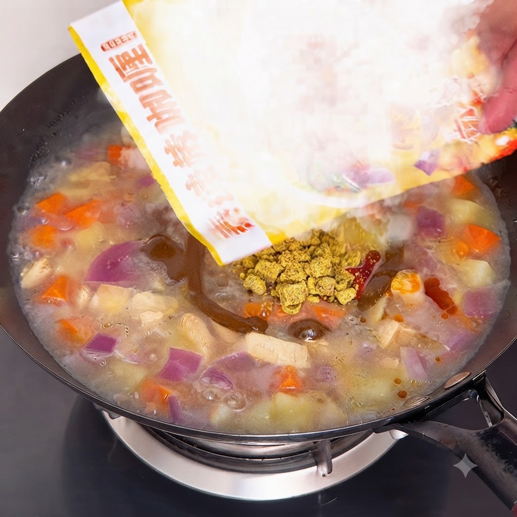 Kostki curry dodawane do gotującego się woka z kurczakiem, ziemniakami, marchewką i wrzącą wodą.