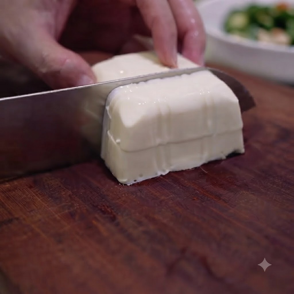 Blok białego, delikatnego tofu krojony na małe kostki na drewnianej desce do krojenia.