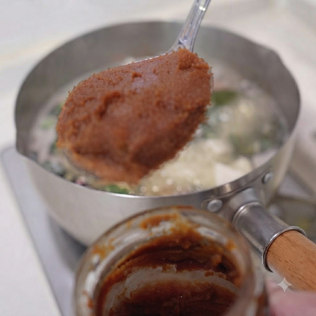 Łyżka brązowej pasty miso podnoszona nad słoikiem, w tle gotujący się garnek z zupą.