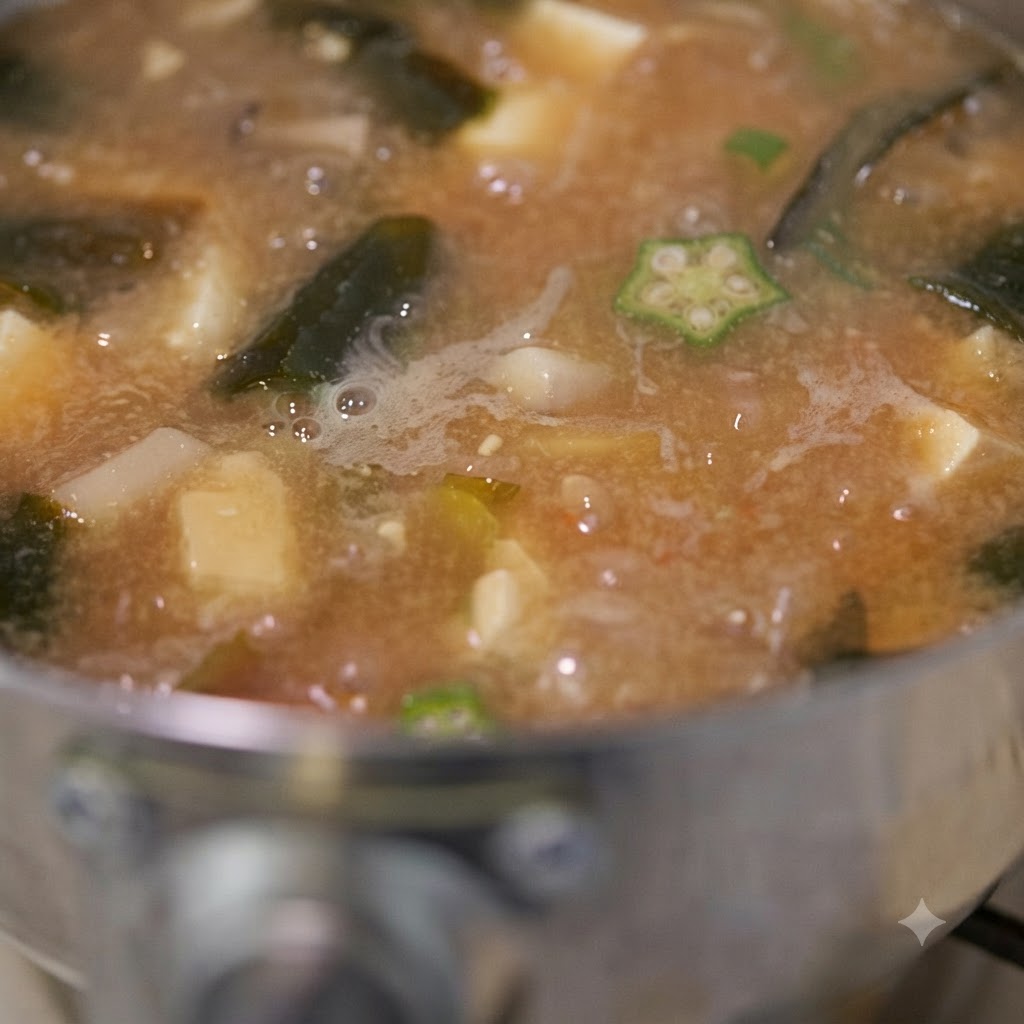 Zbliżenie gotującej się zupy miso z okrą z widocznymi kawałkami okry, tofu i grzybów podczas mieszania.