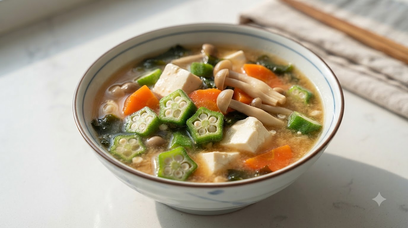 Pożywna zupa miso z okrą, tofu i grzybami