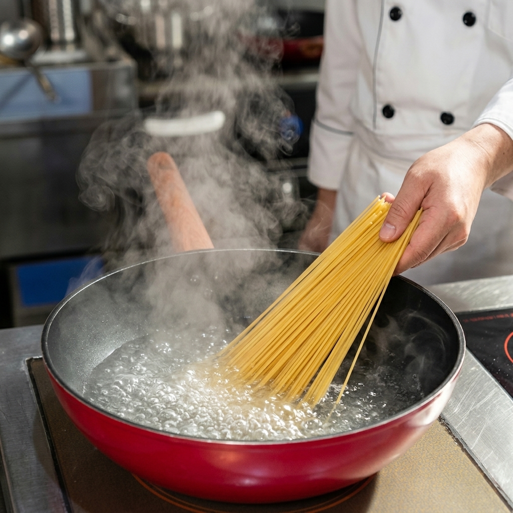 Surowy makaron spaghetti wkładany do garnka z wrzącą wodą.