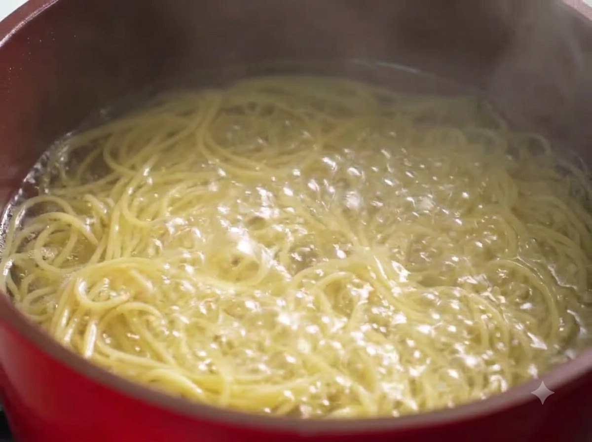 Ugotowany makaron spaghetti gotujący się w wodzie.