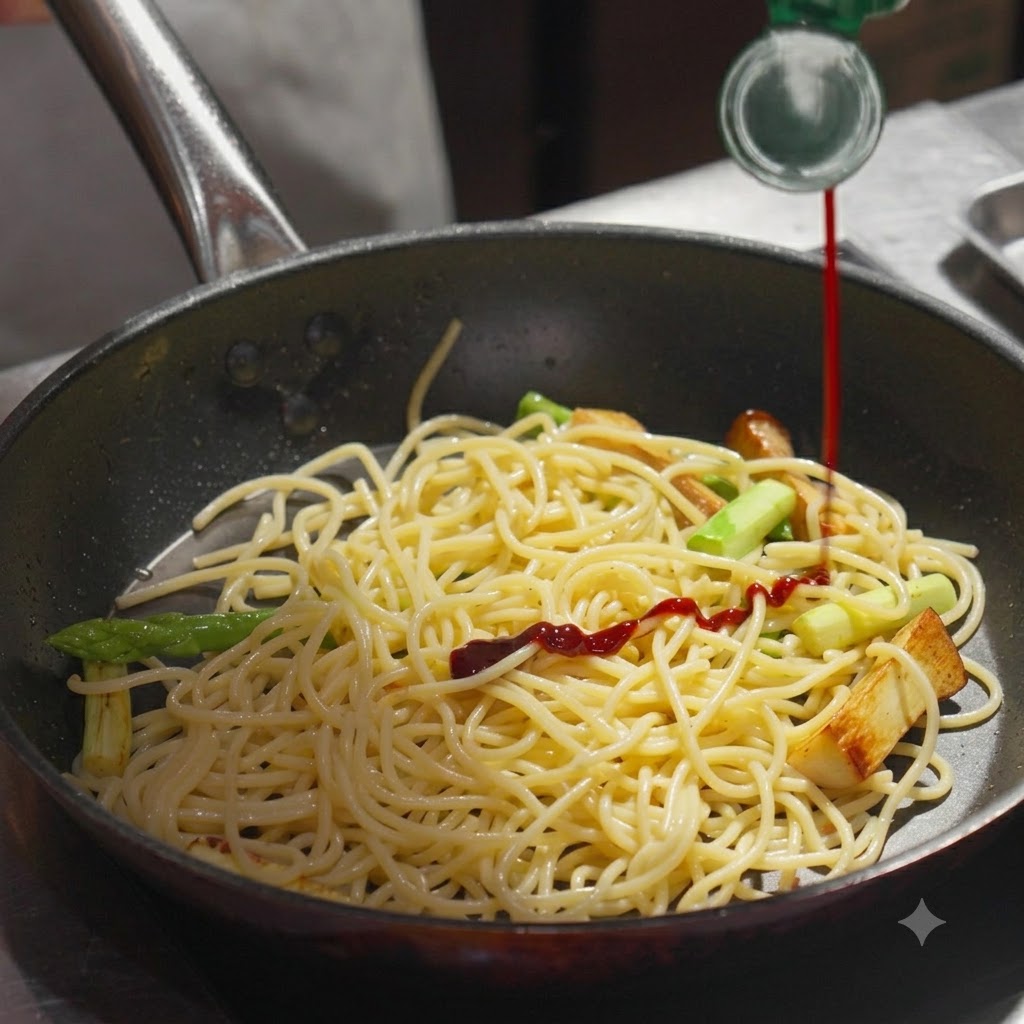 Ciemny sos wlewany z butelki na warstwę makaronu spaghetti i warzyw na patelni.