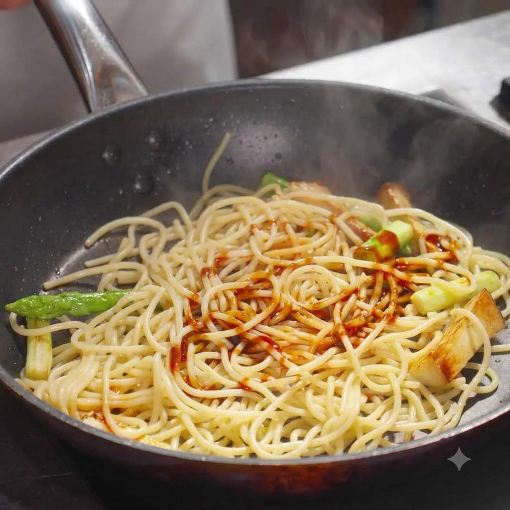 Makaron spaghetti wymieszany z warzywami na patelni, skropiony sosem sojowym i ostrygowym.