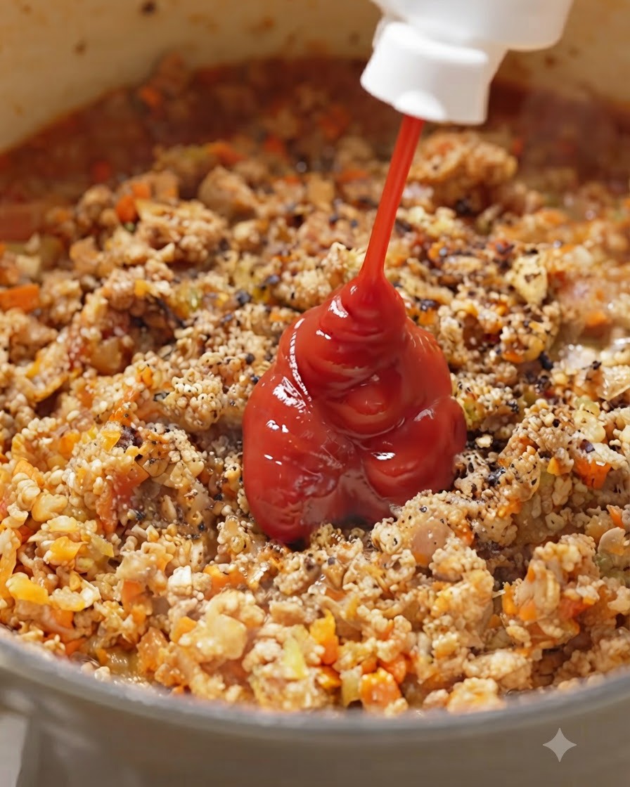Ketchup wyciskany bezpośrednio do doprawionej mieszanki mięsno-warzywnej.