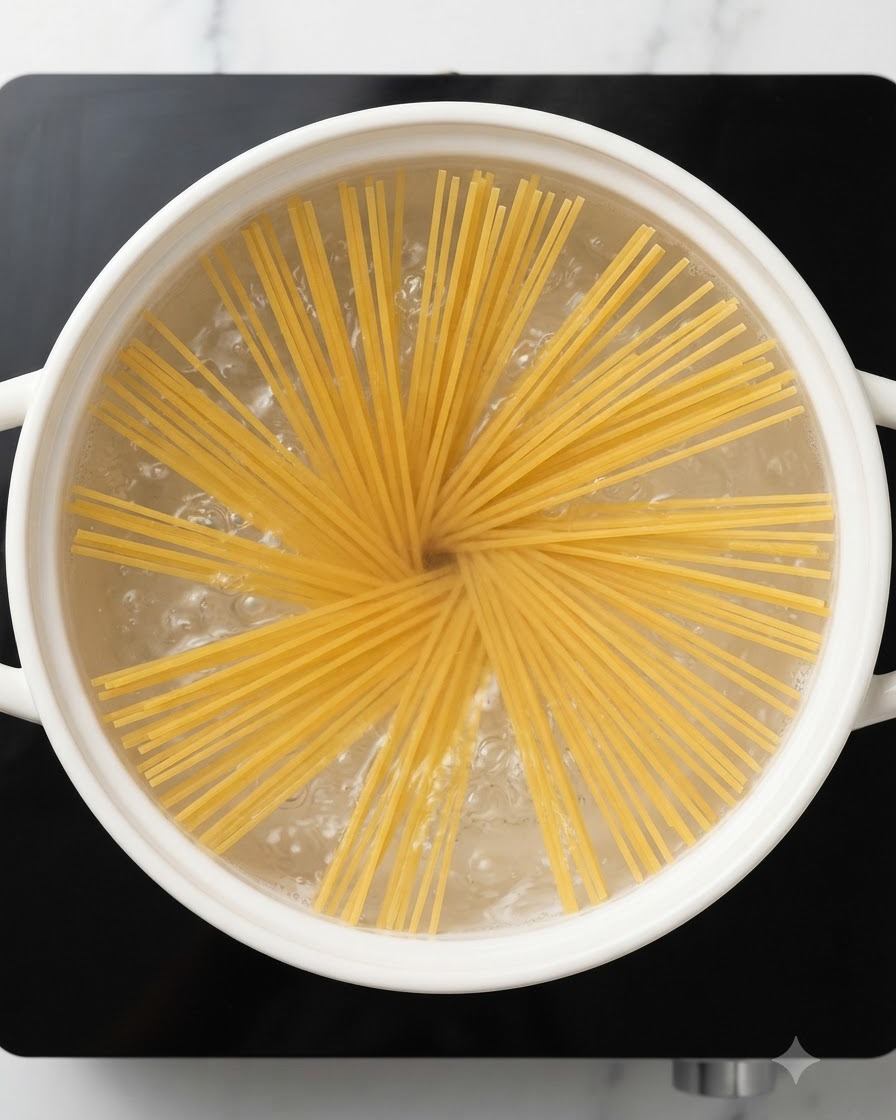 Suche nitki spaghetti ułożone w wachlarz w garnku z gotującą się wodą.