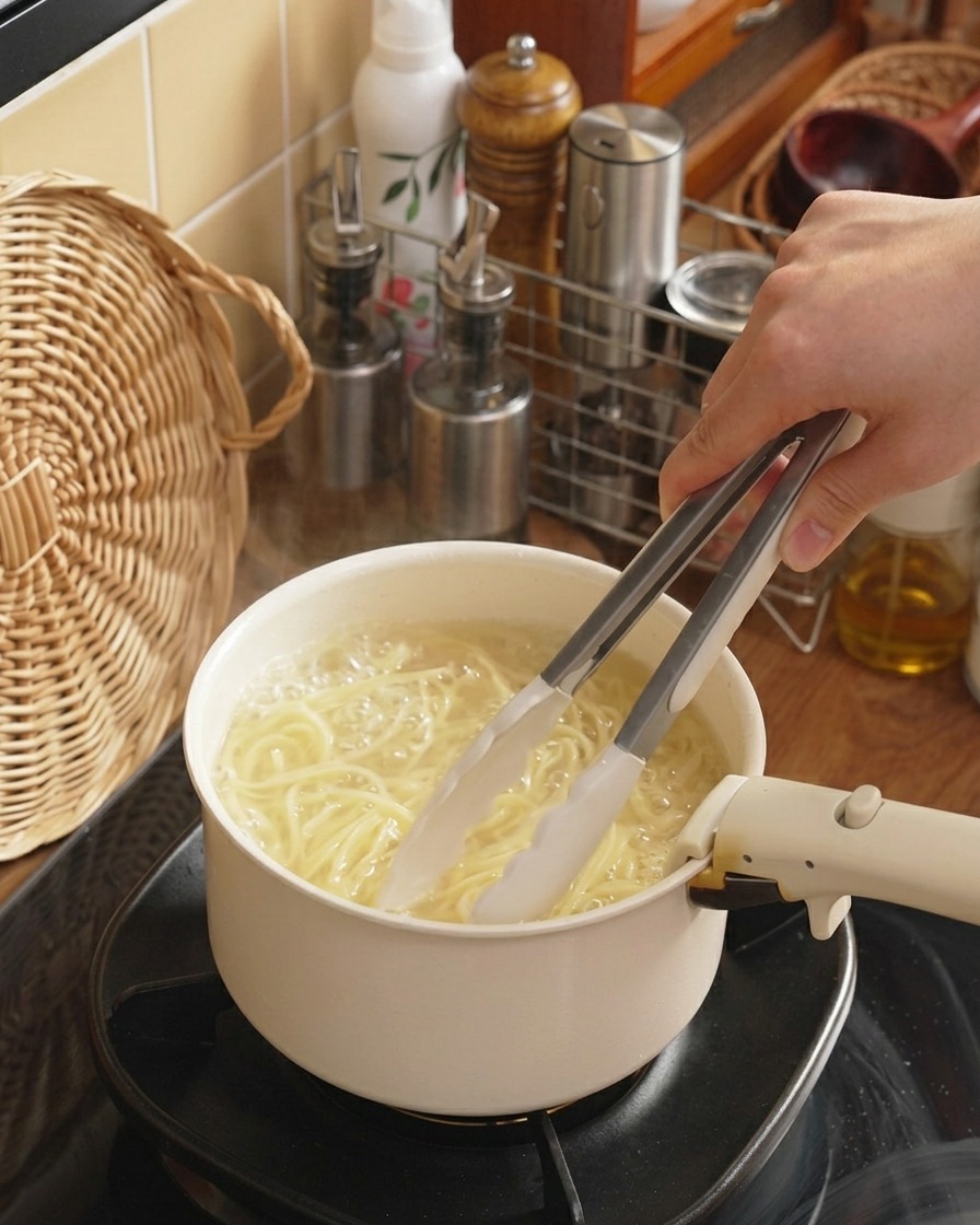 Szczypce mieszające makaron spaghetti gotujący się we wrzącej wodzie.