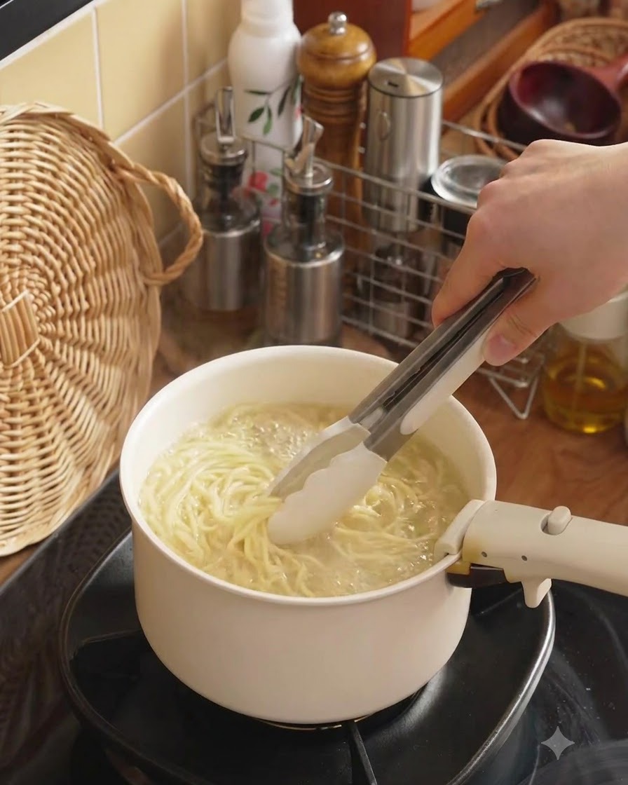 Szczypce unoszące ugotowane nitki spaghetti z garnka.