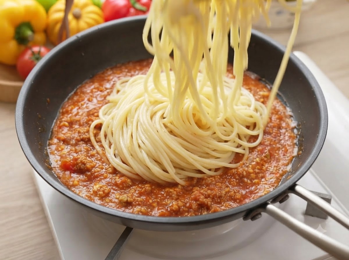 Nitki spaghetti mieszane za pomocą szczypiec w duszącym się pomidorowym sosie mięsnym na patelni.